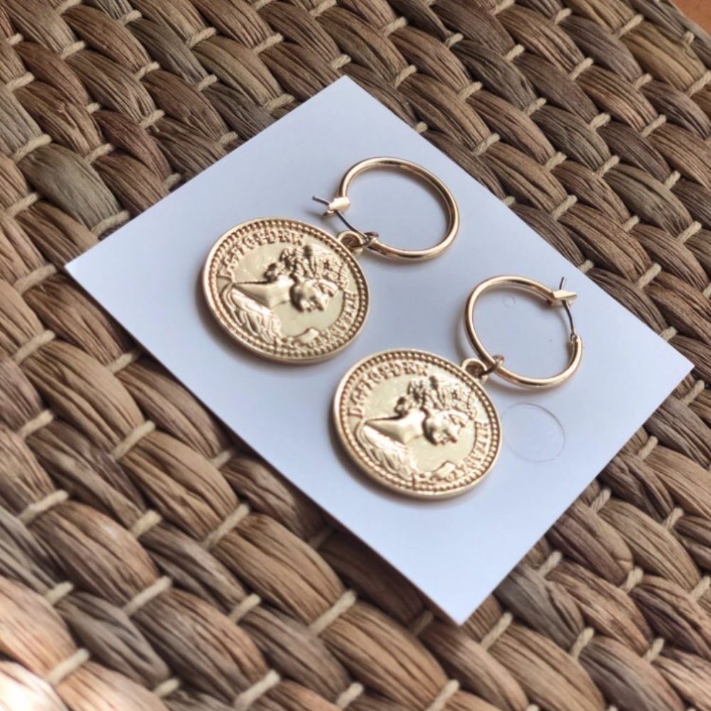 Coin Double Sided Two Pence Gold Hoop Earrings - Picture 5 of 7